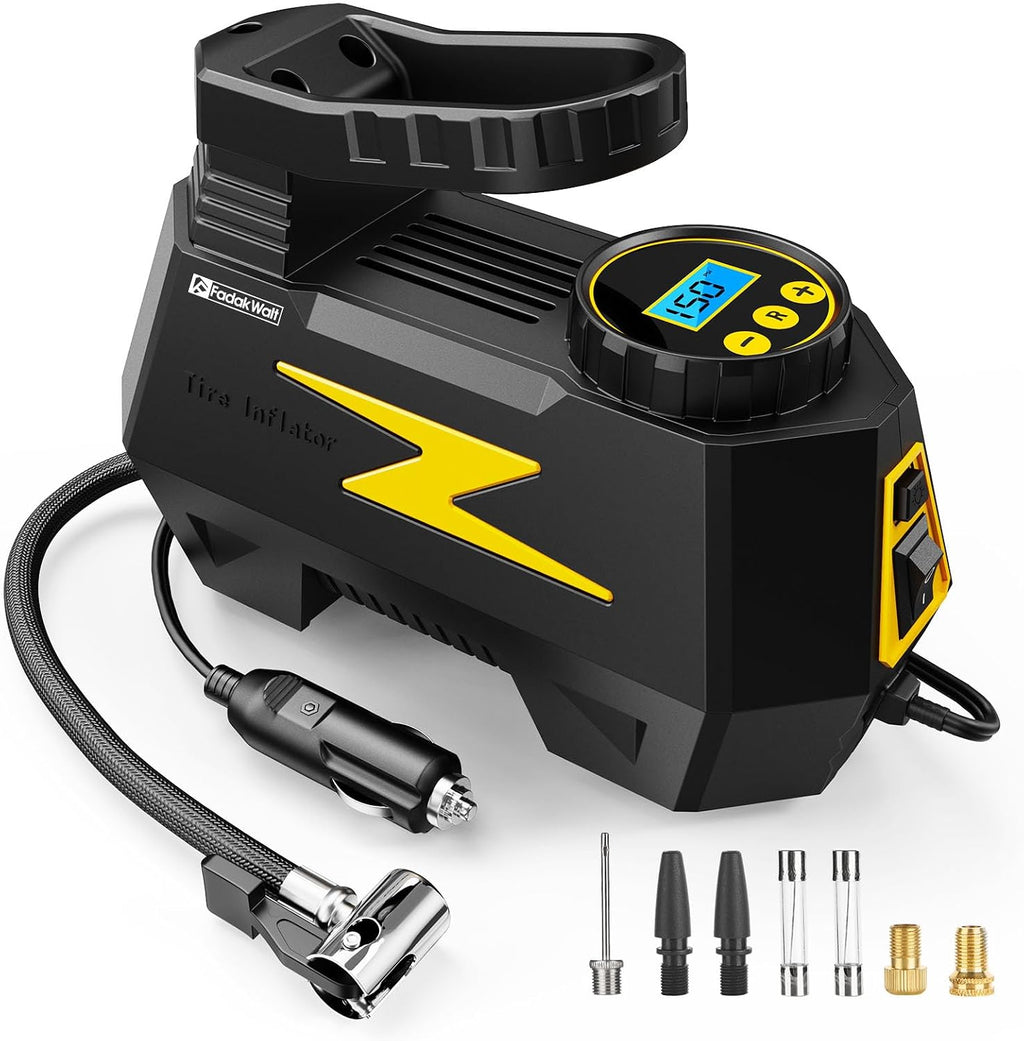 Inflador de Llantas FADAKWALT Portátil | Compresor de Aire DC 12V | Con LED y Manómetro Digital 150 PSI | Para Autos, Motos, Bicicletas y Balones | Amarillo