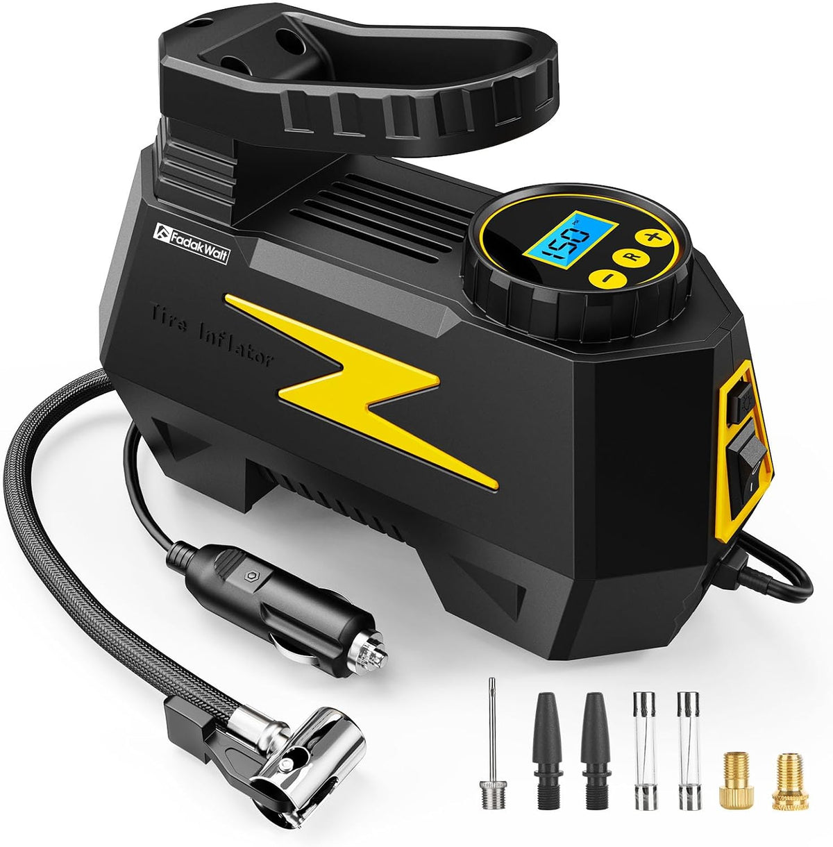 Inflador de Llantas FADAKWALT Portátil | Compresor de Aire DC 12V | Con LED y Manómetro Digital 150 PSI | Para Autos, Motos, Bicicletas y Balones | Amarillo