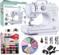 Máquina de coser Marirao para principiantes con kit de 50 telas y 32 hilos de coser, mini máquina de coser portátil con 12 puntadas incorporadas, 2 velocidades y pedal.