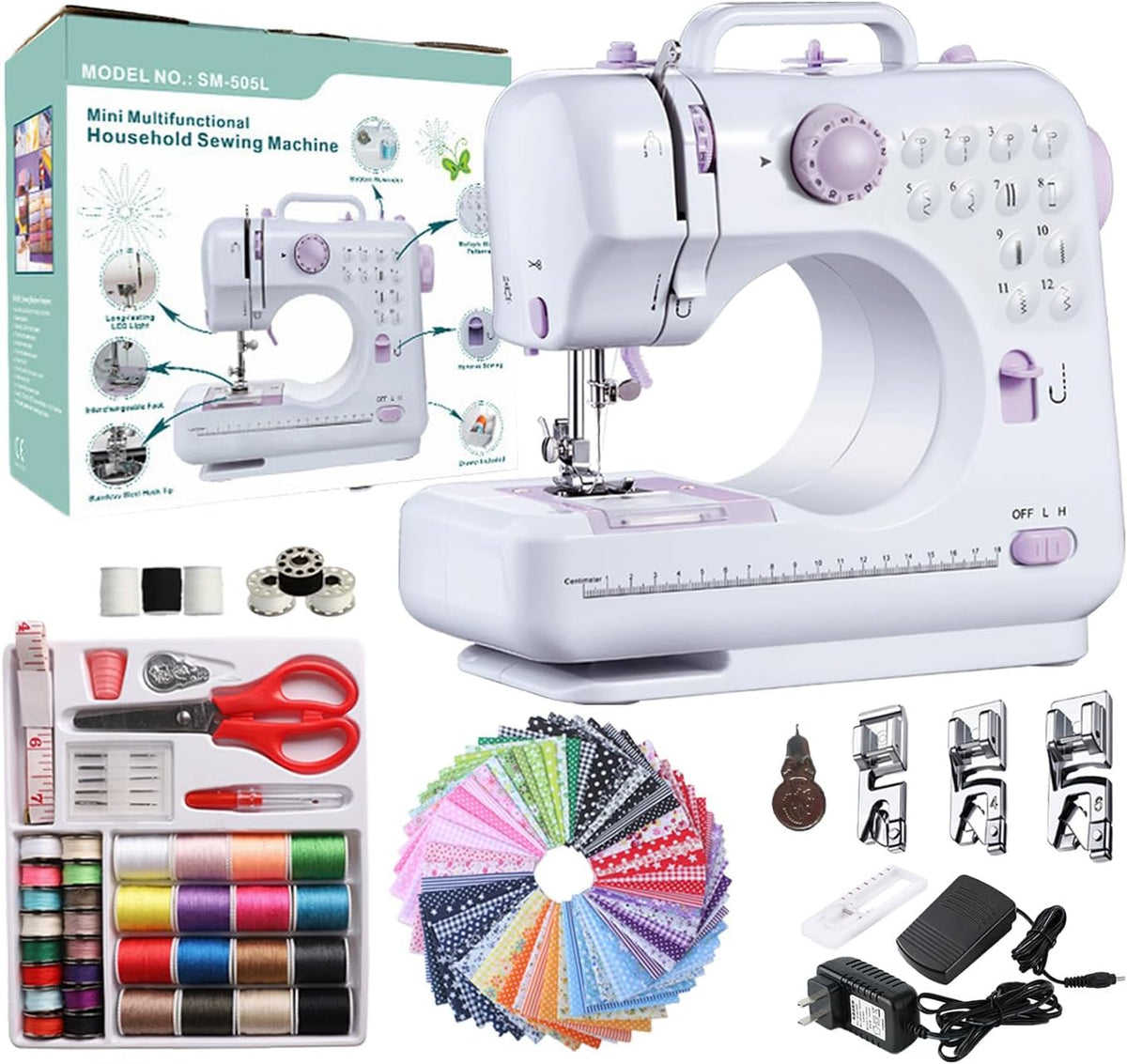 Máquina de coser Marirao para principiantes con kit de 50 telas y 32 hilos de coser, mini máquina de coser portátil con 12 puntadas incorporadas, 2 velocidades y pedal.