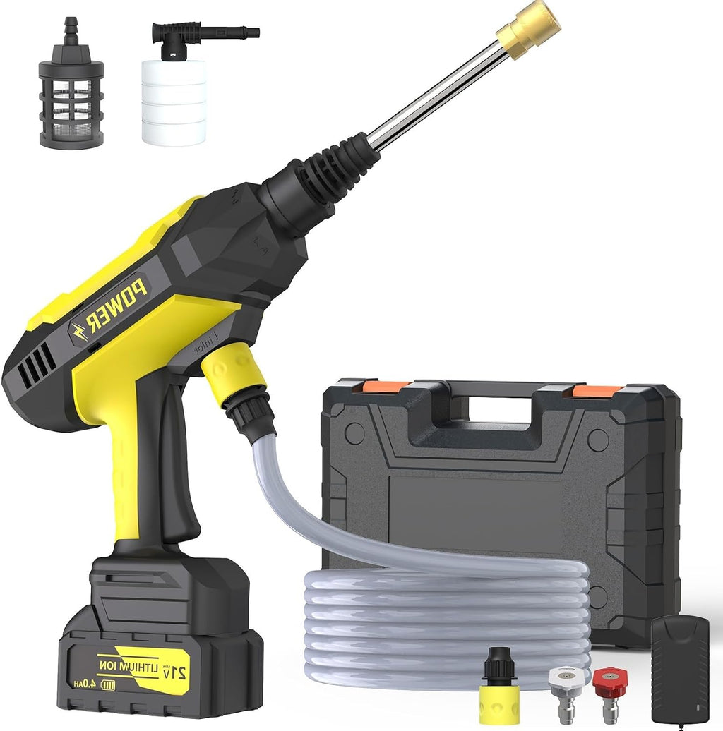 Hidrolavadora inalámbrica DECOKTOOL de 950 PSI con cañón de espuma para limpieza de autos, caminos y patios, color amarillo.