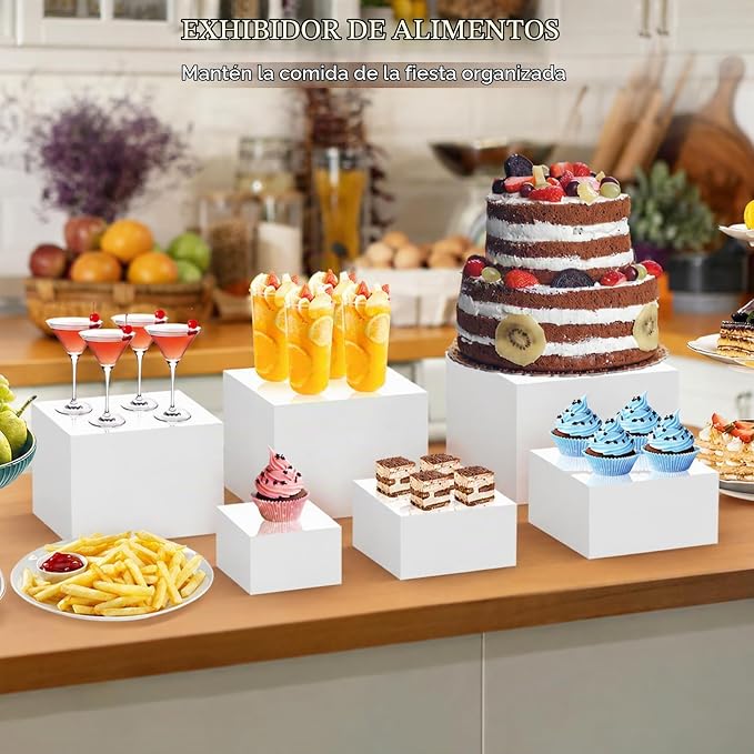 OKBHTS Pack 6 Cajas Acrílicas Blancas Medianas para Buffet y Exhibición de Alimentos – Elevadores y Soportes para Mesa de Fiestas y Eventos