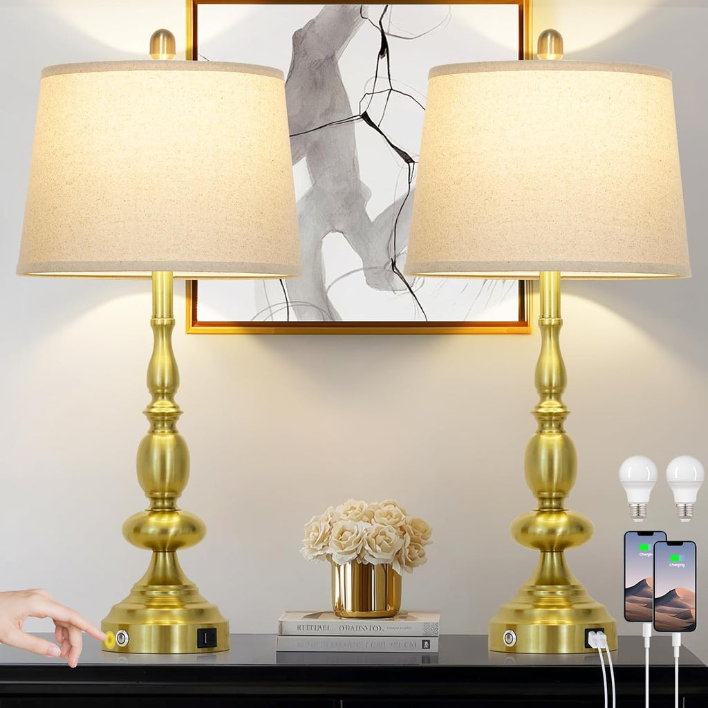Lamparas de Mesa 74cm para Sala Set de 2 | Puertos de Carga USB C+A | Doradas Estilo Granja Regulables 3 Niveles | Modernas Industriales para Dormitorio | 2 Bombillos LED Incluidos
