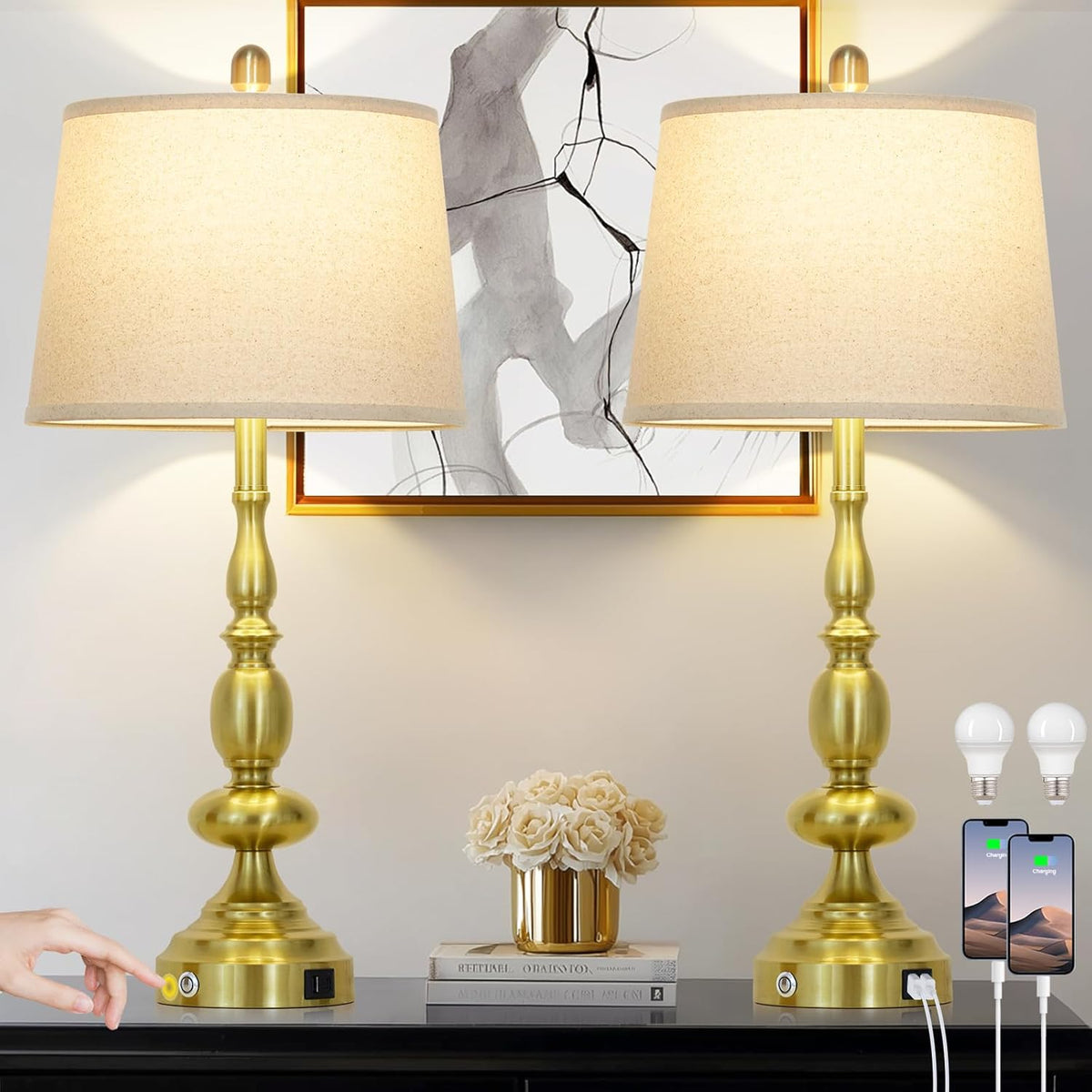 Lamparas de Mesa 74cm para Sala Set de 2 | Puertos de Carga USB C+A | Doradas Estilo Granja Regulables 3 Niveles | Modernas Industriales para Dormitorio | 2 Bombillos LED Incluidos