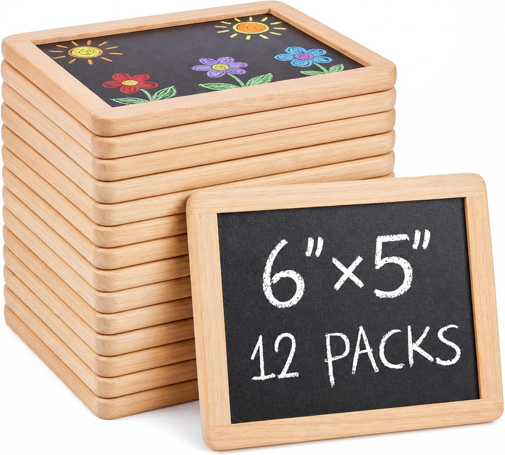 Chinco 12 piezas de pizarras pequeñas de pizarra con marcos, letreros de pizarra pequeños, útiles escolares para el aula, el hogar y la oficina (6 x 5 pulgadas, madera)