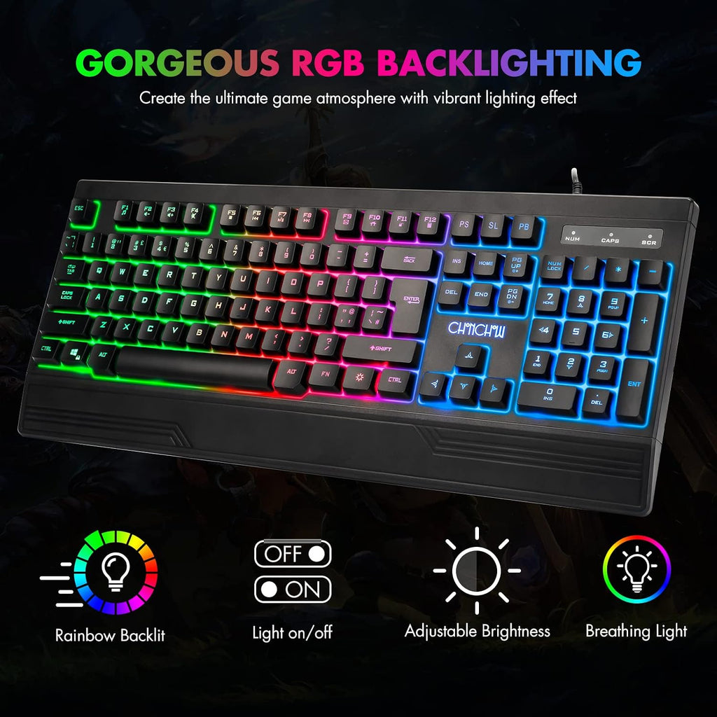 Teclado RGB para juegos, teclado de juego retroiluminado con teclas LED de arcoíris, teclado de juego USB cableado económico con reposa muñecas, teclado completo retroiluminado RGB para PC Xbox PS4