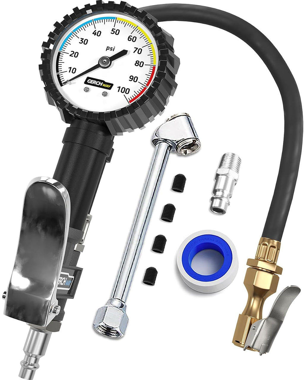 pistola infladora de neumáticos con manómetro analógico (Tire Inflator Gauge) de la marca GERCHWAY.