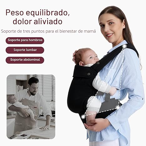 Portabebés ergonómico, acogedor y ligero para 7-45 libras, fácil de poner, ideal para padres manos libres, soporte lumbar mejorado, Purehug para bebés a niños pequeños, negro