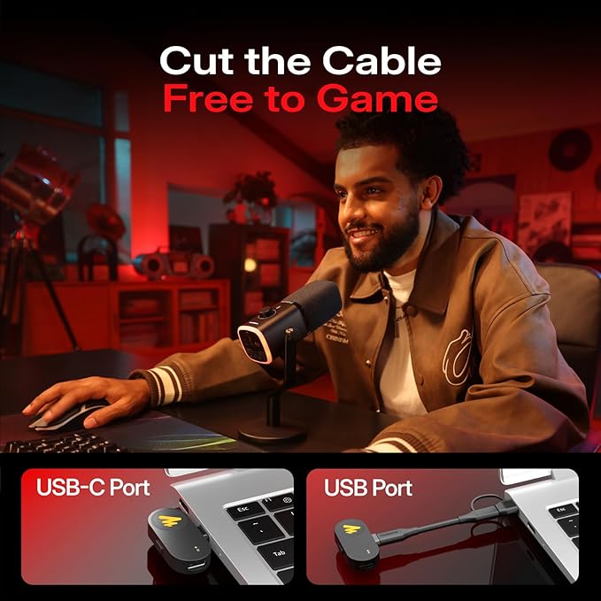 MAONO - Micrófono dinámico USB inalámbrico PD100W, micrófono de PC para juegos con reducción de ruido de un solo clic, botón de silencio, RGB personalizado, conector de auriculares de 0.138 in