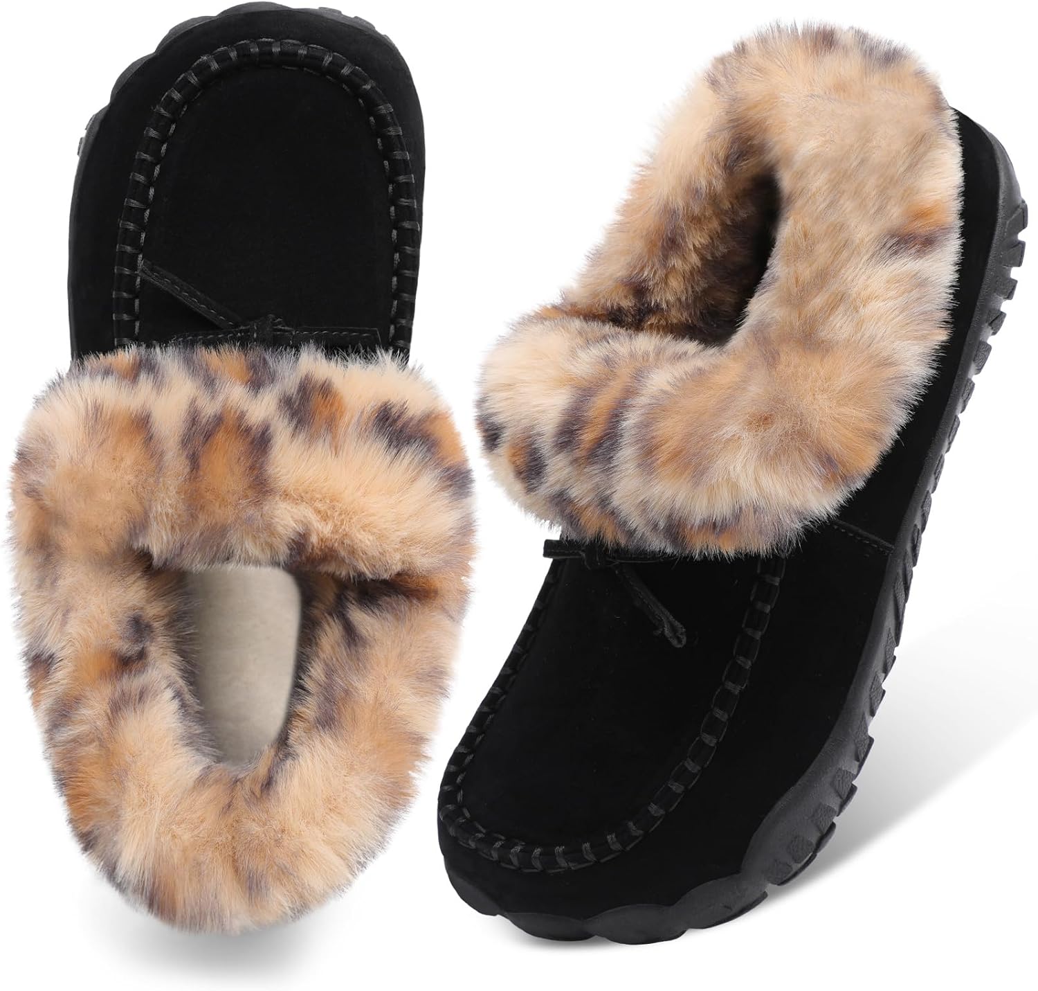 BARERUN Moccasin Snow Boots for Women Warm Womens Wide Width Slippers Tasman Slippers Hard Bottom Slipper Black Women Shoes Size 9.5