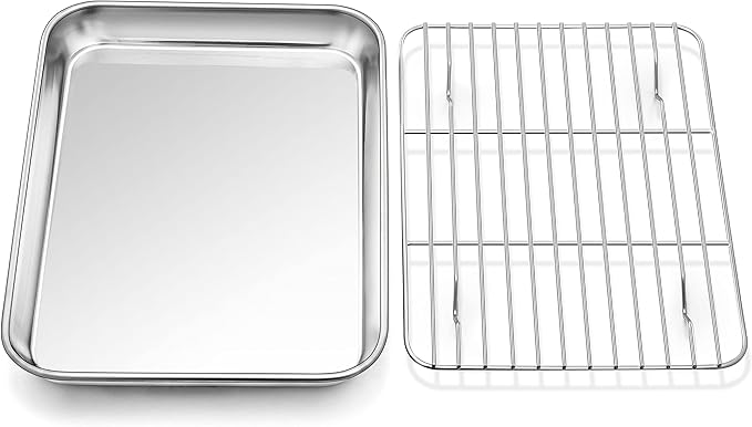 P&P CHEF Bandeja para Hornear de 10.4 Pulgadas con Juego de Rejilla, Bandeja de Acero Inoxidable para Galletas con Rejilla de Enfriamiento para Uso en Horno, Cocinar y Asar, No Tóxico
