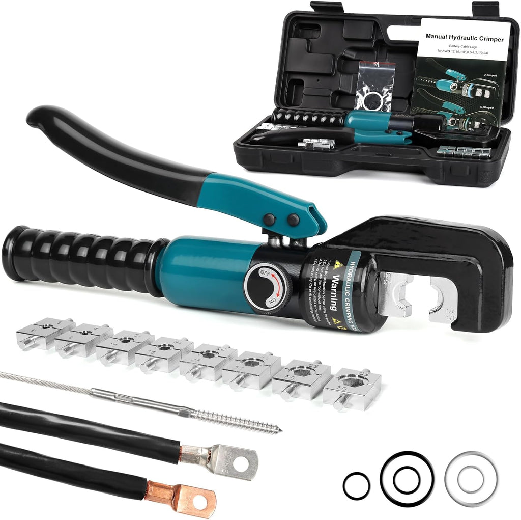 Herramienta de crimpado hidráulica Brileine de 10 toneladas con 9 matrices - Herramienta de crimpado de cables de batería y cable de acero para calibres de 12 a 2/0 AWG, 1/16", 1/8" y 3/16".