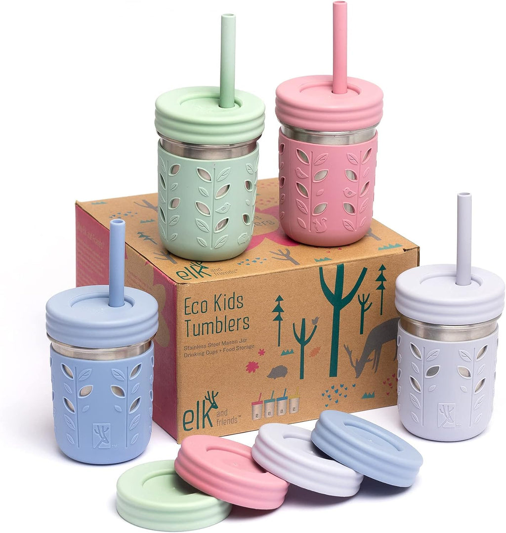 VIENEN SIN CAJA-Elk and Friends Vasos de Acero Inoxidable para Ninos 10oz | Mason Jar con Fundas, Tapas y Pajillas de Silicona, Resistente a Derrames (Pack de 4)