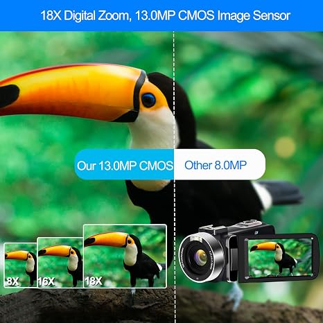 Videocámara 4K Ultra HD 48MP con WiFi – Cámara Vlogging para YouTube con Zoom 18X, Pantalla Táctil 7.6 cm, Micrófono, Estabilizador, Parasol, Control Remoto y 2 Baterías