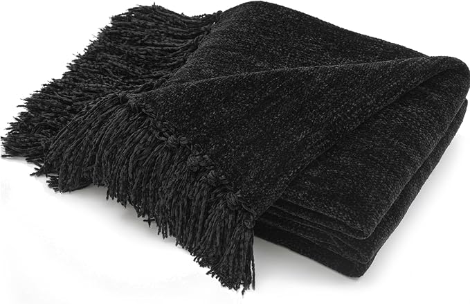 RECYCO Manta Suave y Acogedora de Chenilla con Flecos con Borlas para Sofá, Silla, Cama, Sala de Estar, Regalo (Negro)