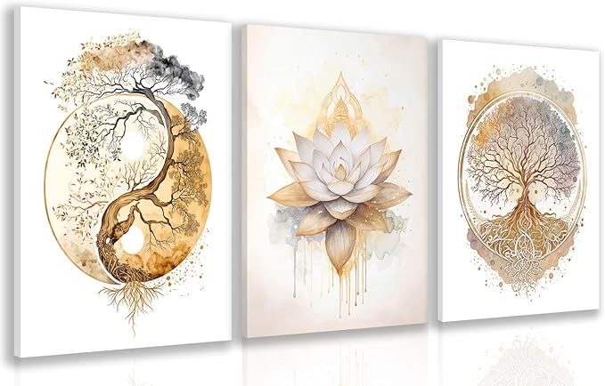 GELDSTEI Cuadro Árbol de la Vida — Arte Zen Yin Yang con Flor de Loto Dorada, Lienzo Enmarcado 12"x16" para Sala, Dormitorio o Sala de Yoga