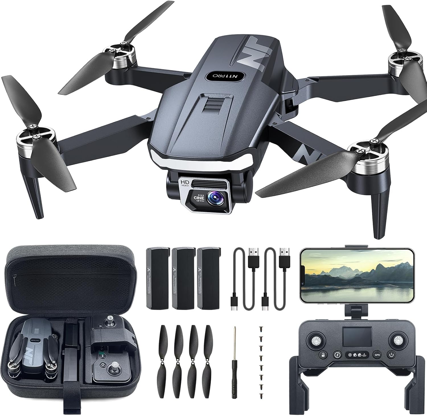 Drone N11 PRO con Camara 4K UHD - Motor sin Escobillas, 90 Min de Vuelo, GPS, Retorno Automatico, FPV 5G, 3 Baterias