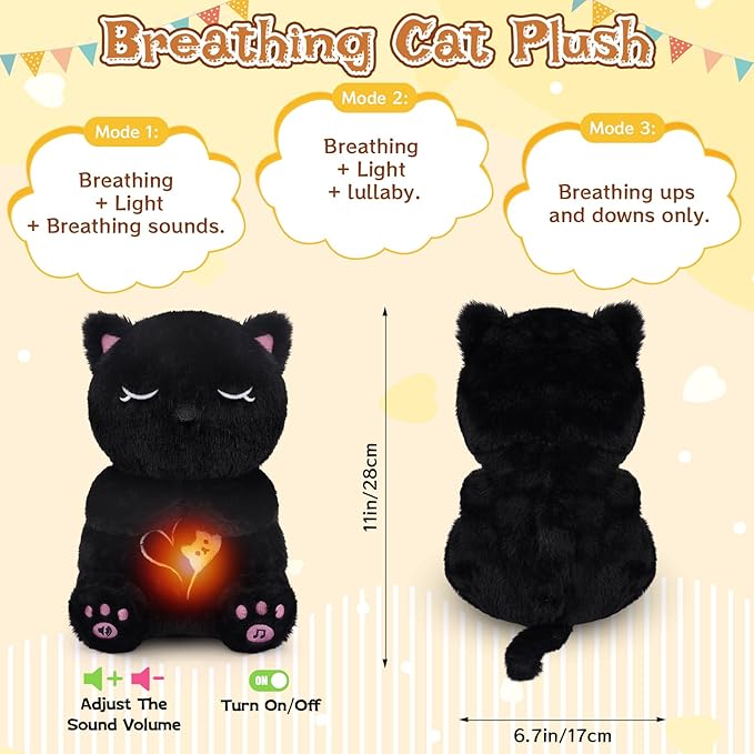 Peluche de gato respirable, de 11 pulgadas, con música calmante, luces, felpa suave para dormir para niños, adultos (modo de 3 niveles y volumen)