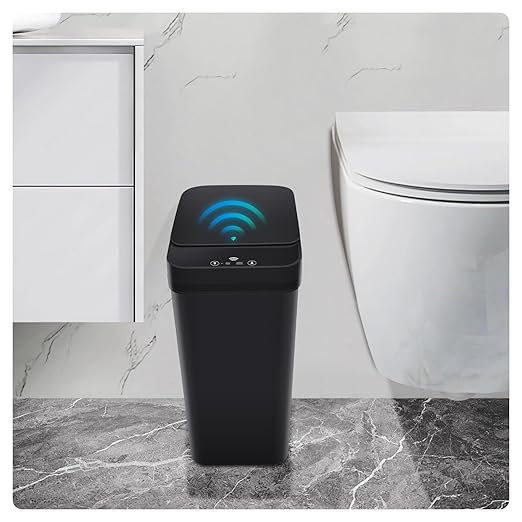 Basurero de baño, basurero inteligente sin contacto, cubo de basura automático con sensor de movimiento con tapa, cubo de basura de 2.4 galones, cocina, baño, oficina, dormitorio (negro)