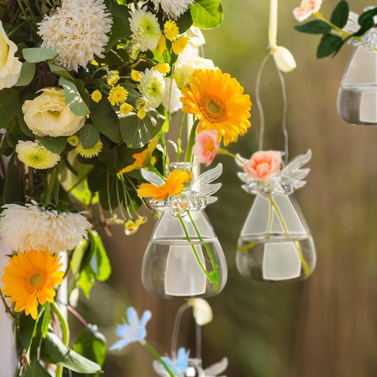 SOLO SE INCLUYE 9 CUERDAS Y NO SE INCLUYEN LAS FLORES-10 jarrones de cristal con diseño de ángel, transparente