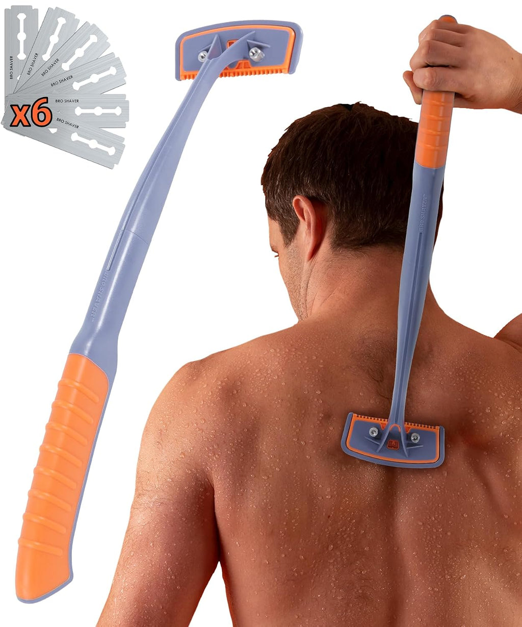 BRO SHAVER 3.0 + 6 cuchillas, afeitadora de espalda para hombre (DIY). Recortadora de vello corporal y de espalda. Afeita en seco o en húmedo. Utiliza cuchillas de doble filo. Mango ergonómico. Incluye cuchillas.