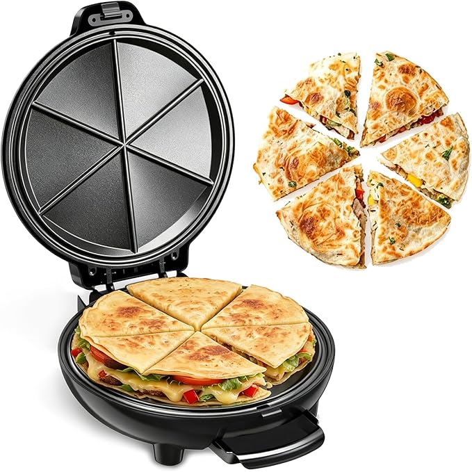 Maquina para Quesadillas Eléctrica 9.5" – 6 Porciones, Superficie Antiadherente y Seguro de Cierre