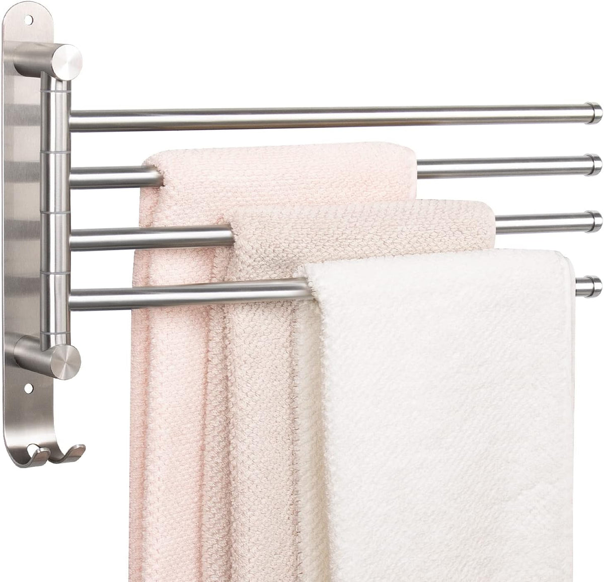 Toallero giratorio NearMoon, barra para toallas de 4 brazos de acero inoxidable 304 de 35 cm de grosor, soporte para toallas de pared que ahorra espacio con gancho, colgador de toallas giratorio a prueba de óxido para baño y cocina (níquel cepillado).