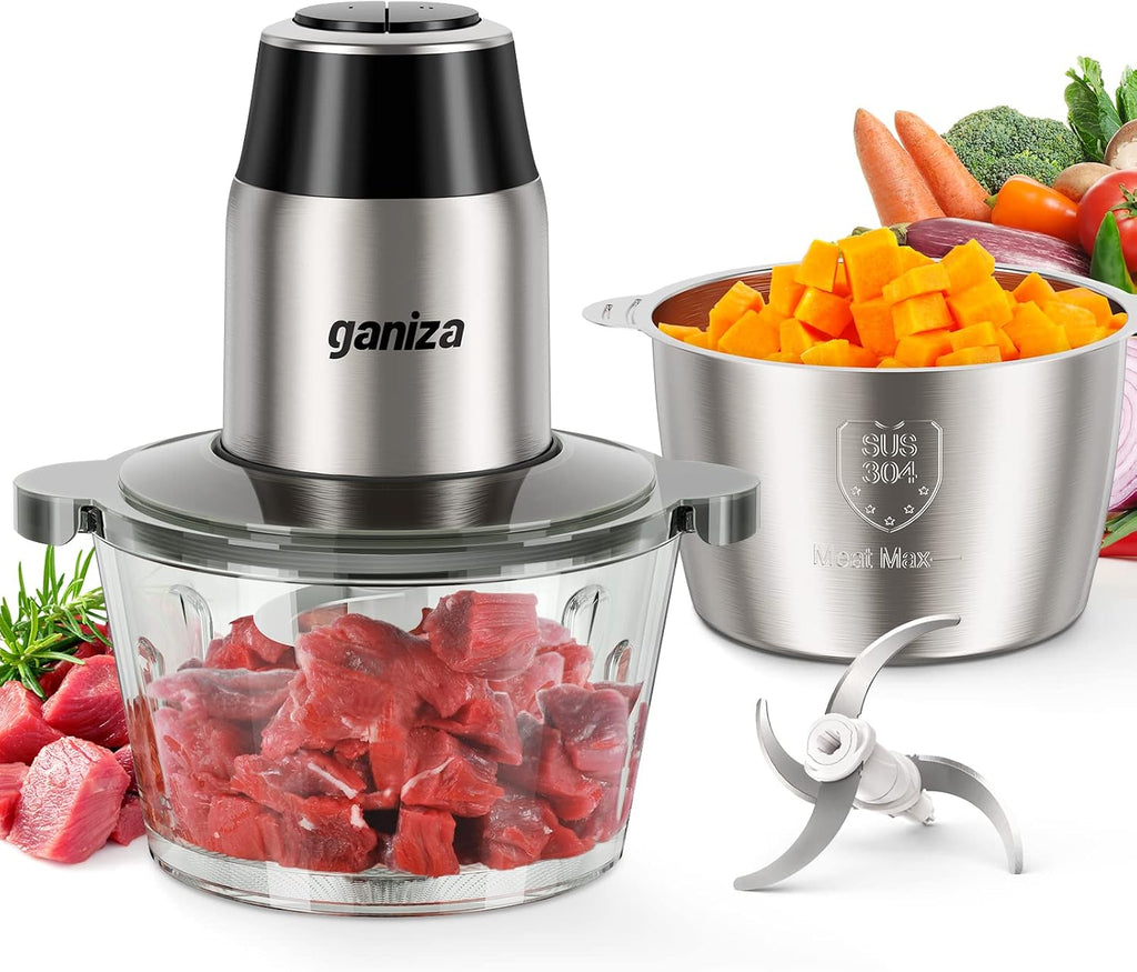 Procesador de alimentos GANIZA, picador eléctrico con molinillo de carne y picador de verduras - 2 recipientes (8 tazas + 8 tazas) con potente motor de cobre de 450 W - Incluye 2 juegos de cuchillas de doble nivel para frutas, carne y frutos secos.