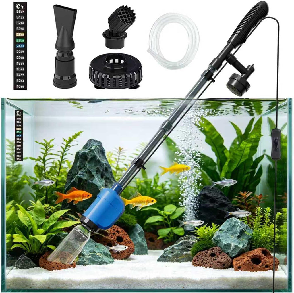 Limpiador Eléctrico de Grava Acuario 6 en 1 | 530 GPH | Aspiradora Pecera | Cambiador Agua Lavador Arena Removedor Residuos Bomba Circulación | 32W Silenciosa | Color Azul | 1 Unidad