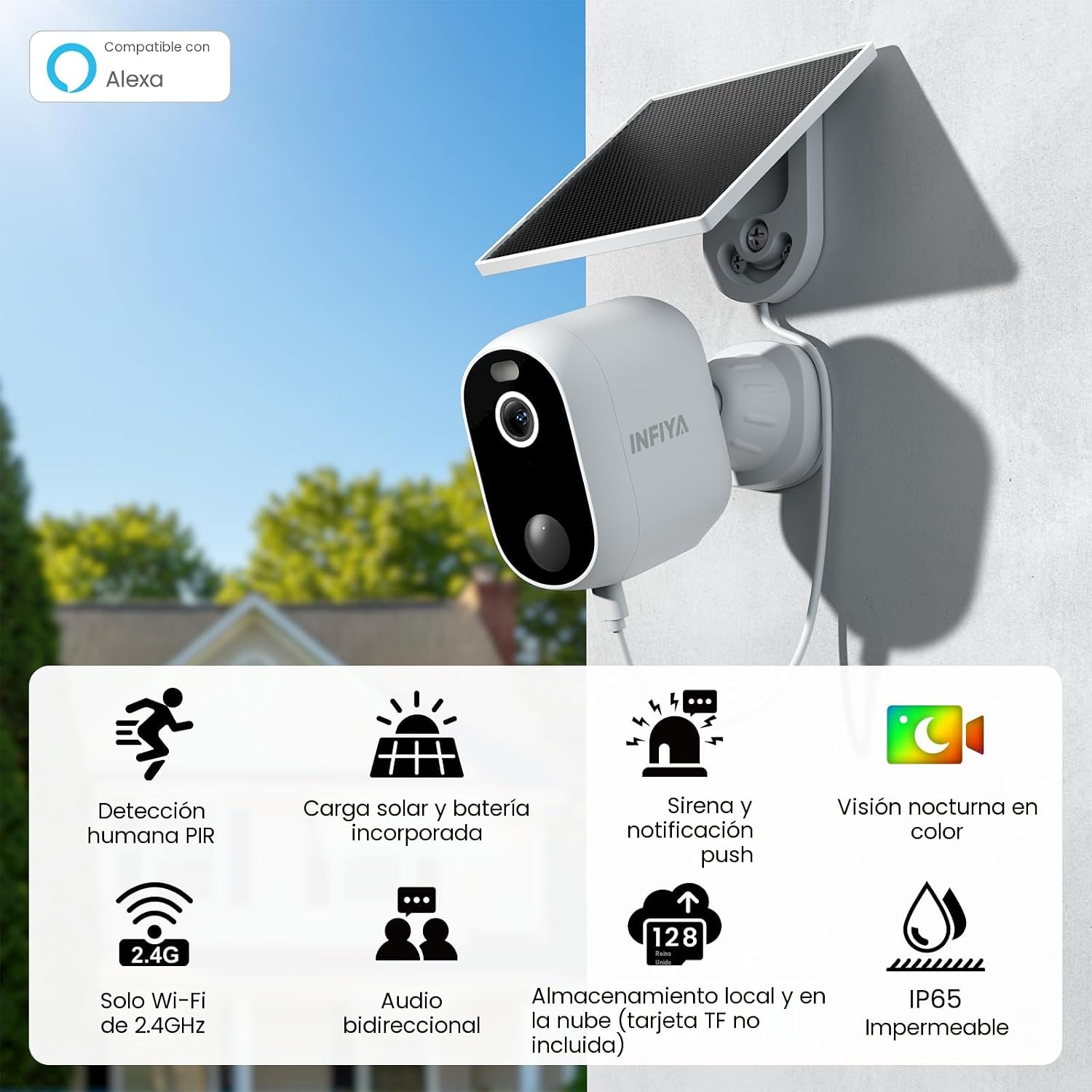 INFIYA Pack 4 Cámaras de Seguridad Inalámbricas Exterior | Solar y Batería | 2K 2.4G | Detección IA | Visión Nocturna Color | Audio Bidireccional | Compatible con Alexa