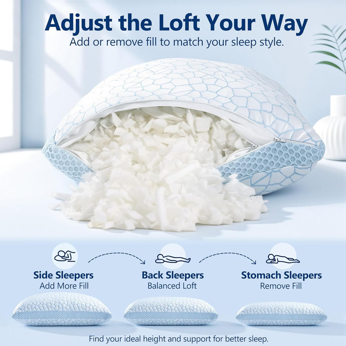 QUTOOL Juego de 1 almohadas refrescantes mejoradas para dormir, almohadas de espuma viscoelástica trituradas CertiPUR-US, tamaño King, para dormir con calor, almohada de cama ajustable para dormir