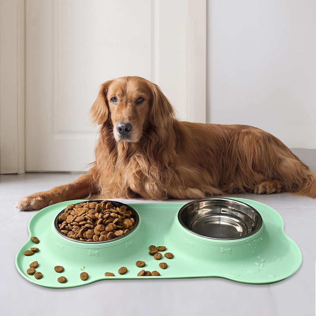 MXCELL Tazones para Perro Pequeño x2 — Acero Inoxidable con Tapete Silicona Antiderrame, Verde