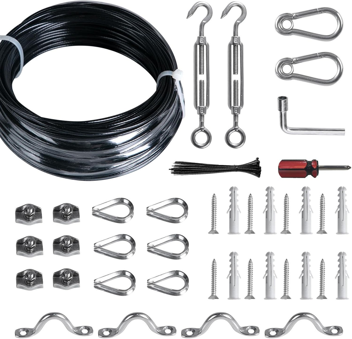Kit de luces colgantes Brightown para exteriores, incluye cable de suspensión de acero inoxidable (304) de 30 metros (100 pies) con revestimiento de vinilo negro, tensor, guardacabos y ganchos. Resistente y fácil de instalar.