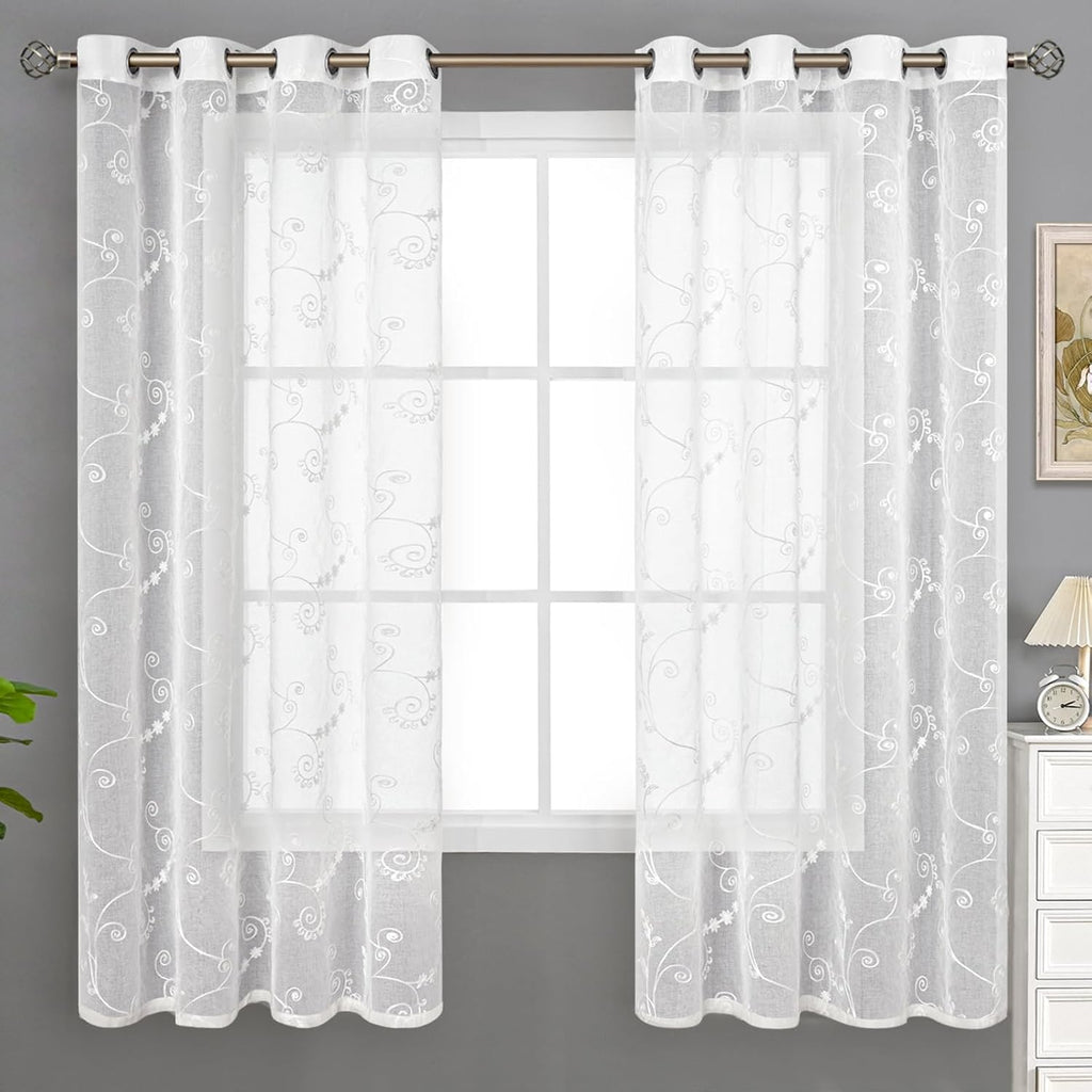 BGment Sheer Curtains for Bedroom 63 inch Long 2 Panels, White Embroider Curtains with Vine and Leaf Pattern Light Filtering Linen Textured Grommet Privacy Voile Kitchen Window Drapes, 52 x 63 Inch
