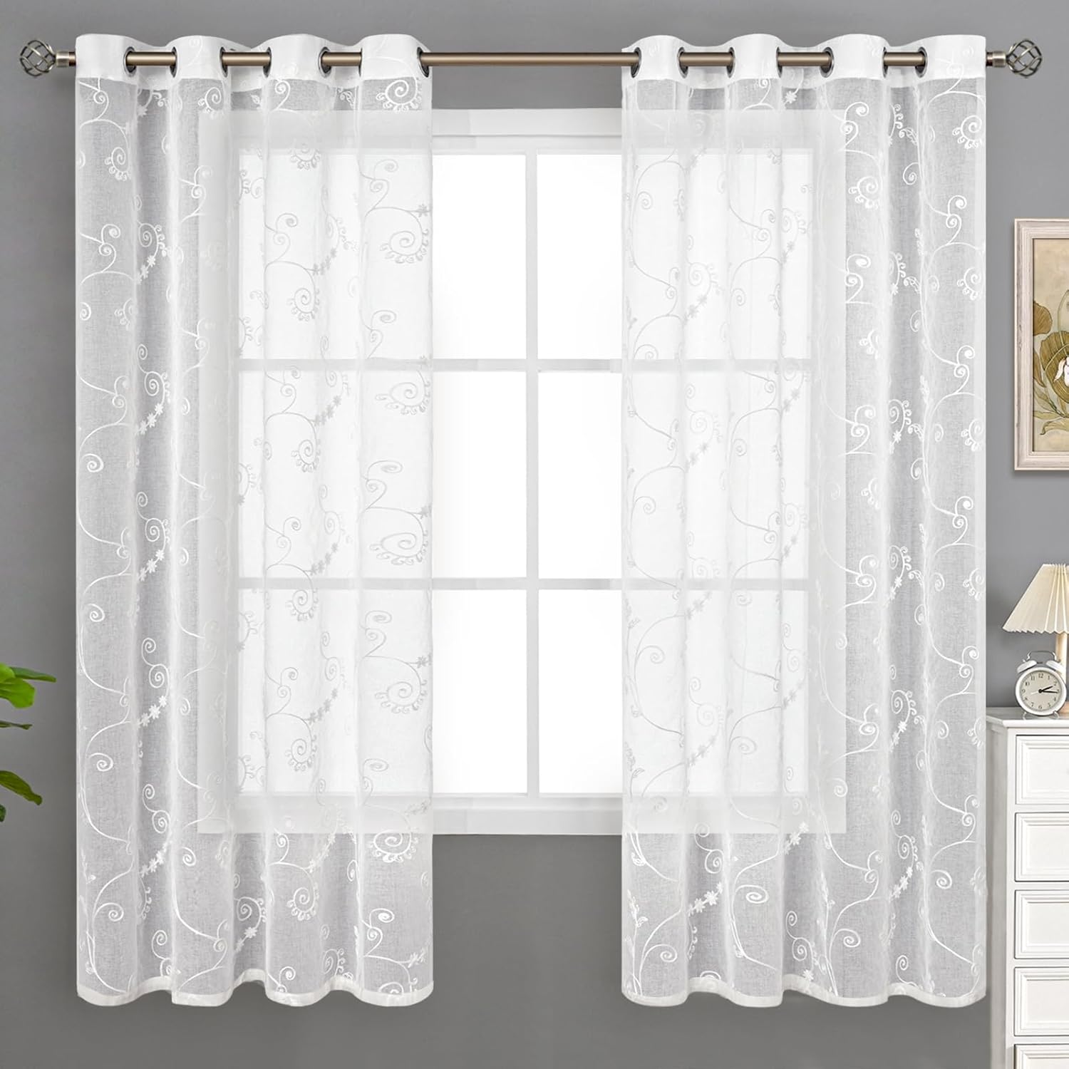 BGment Sheer Curtains for Bedroom 63 inch Long 2 Panels, White Embroider Curtains with Vine and Leaf Pattern Light Filtering Linen Textured Grommet Privacy Voile Kitchen Window Drapes, 52 x 63 Inch