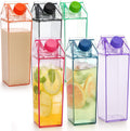 ADVERTENCIA: 2 botellas faltantes. Juego de 6 botellas de agua transparentes de plástico con forma de cartón de leche de 17 oz, portátiles, a prueba de fugas, cuadradas, ideales para deportes al aire libre, viajes y camping.