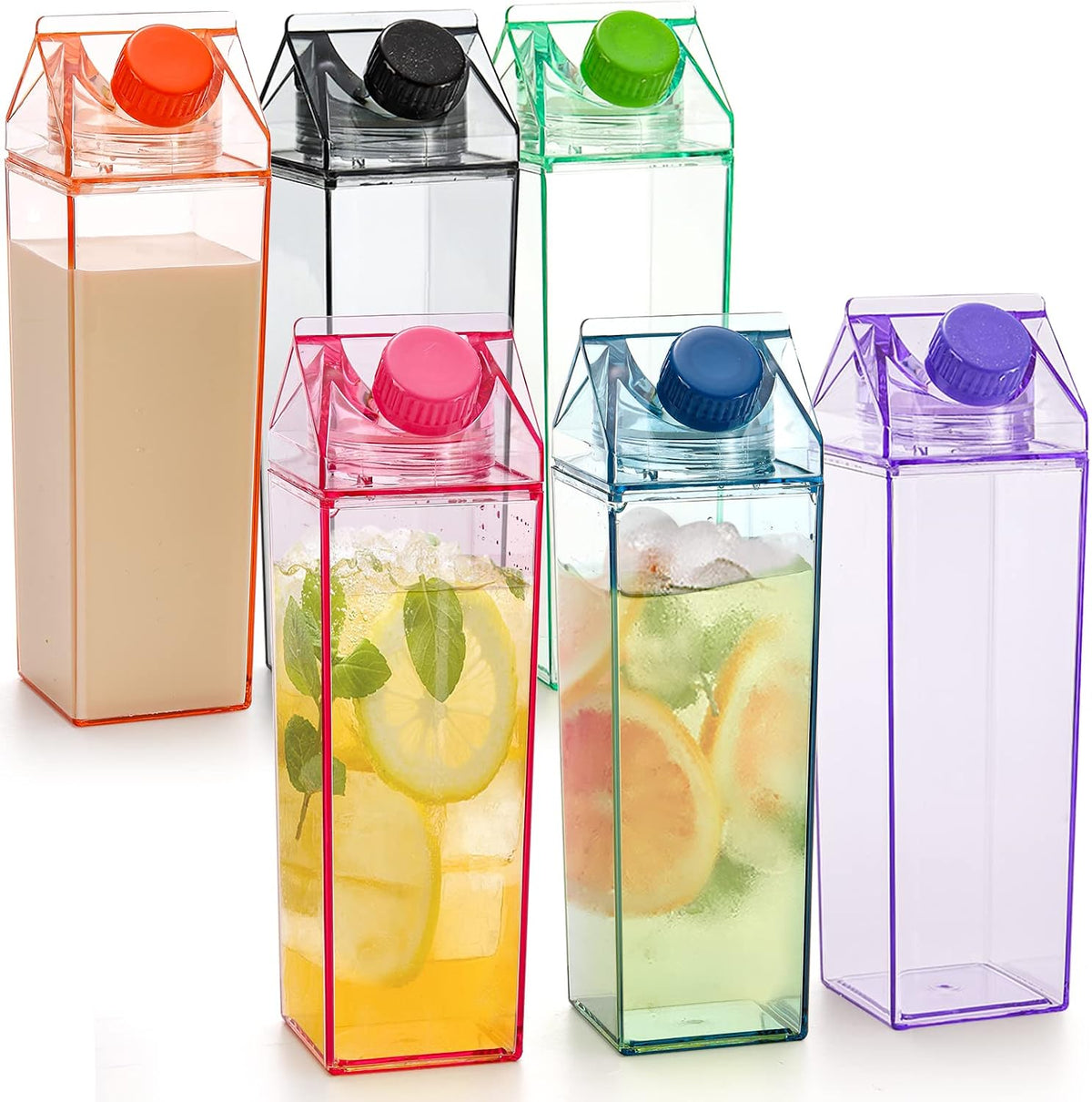 ADVERTENCIA: 2 botellas faltantes. Juego de 6 botellas de agua transparentes de plástico con forma de cartón de leche de 17 oz, portátiles, a prueba de fugas, cuadradas, ideales para deportes al aire libre, viajes y camping.