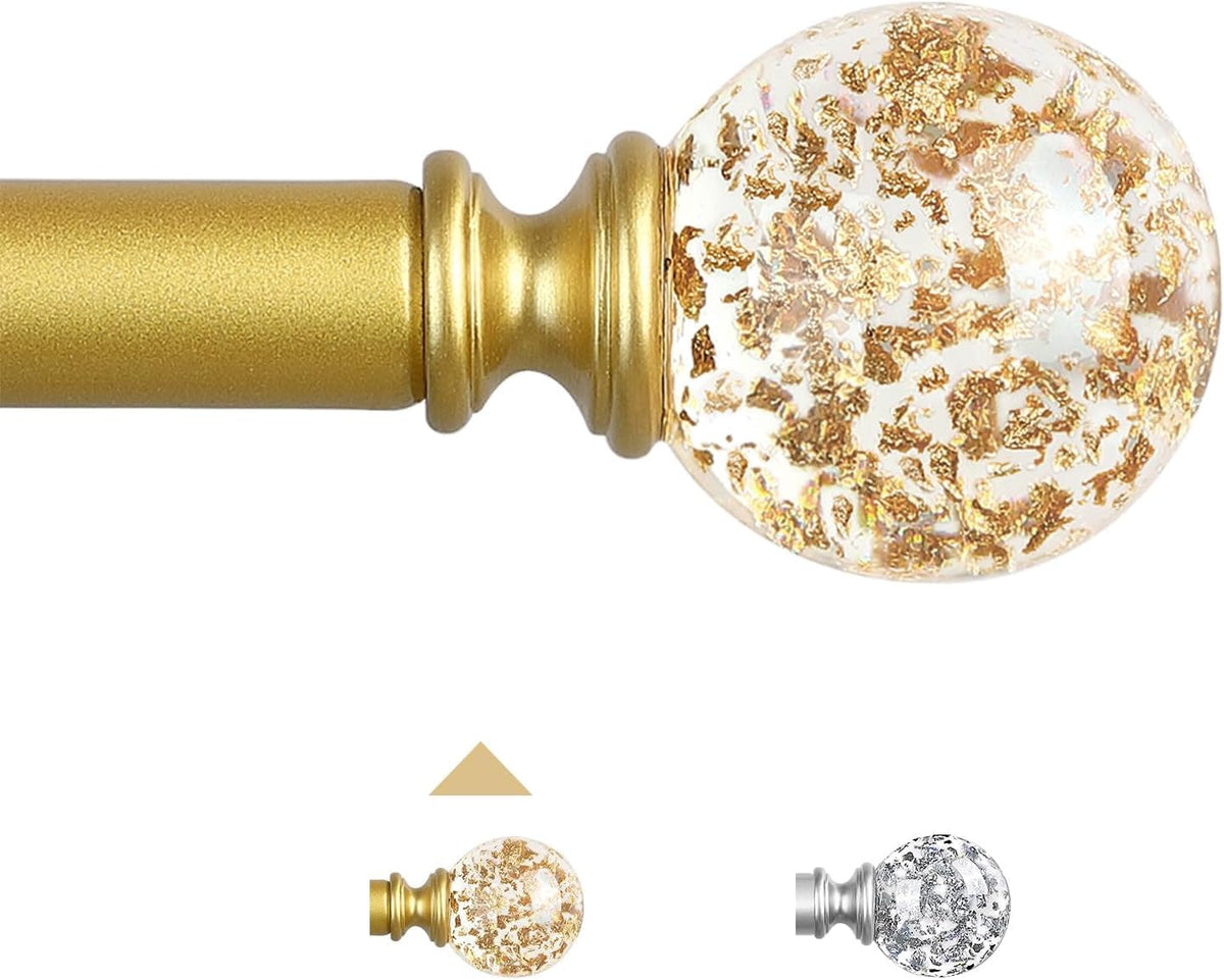 Barras de cortina decorativas de cristal dorado TVWOO: Barras de cortina ajustables y resistentes de 18 a 45 pulgadas para dormitorio y sala de estar, barra de cortina de acrílico moderna y femenina dorada con remates de lámina brillante transparente.