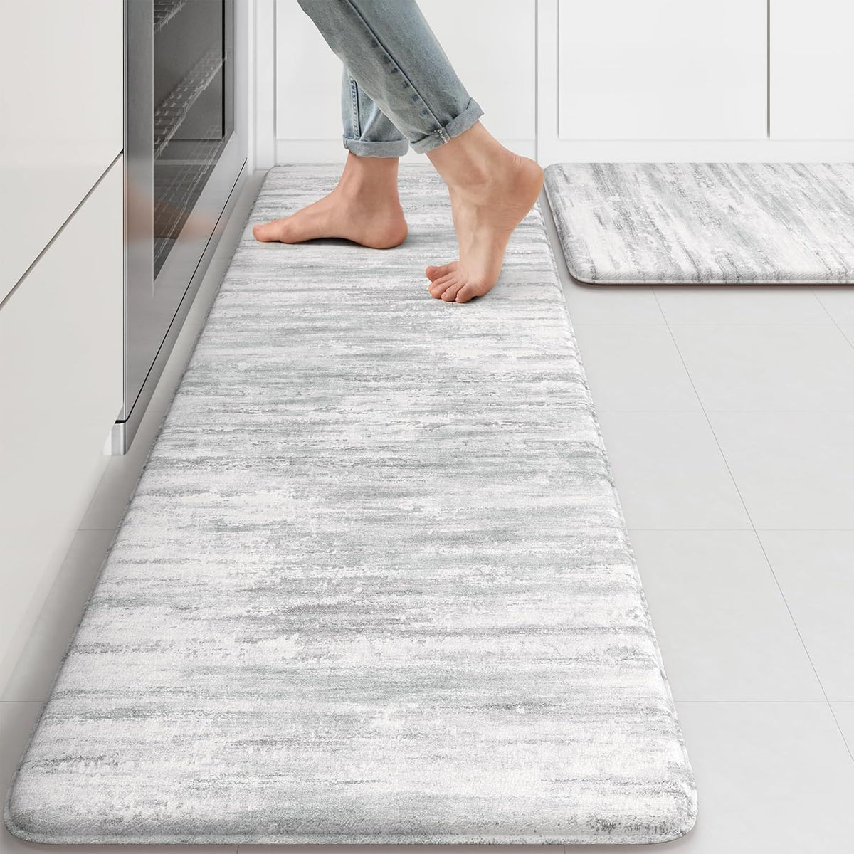 KIMODE Tapetes de Cocina Antifatiga Set 2 Piezas | Alfombras Acolchadas Estilo Granja Multi-Gris 17x47 y 17x29 pulgadas para Fregadero y Oficina