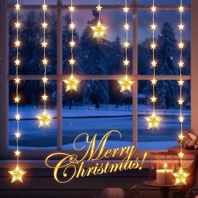 Luces Cortina de Estrellas Marchpower x46 a Batería – Blanco Cálido, 8 Modos, Timer, IP65 para Ventana y Decoración Navideña