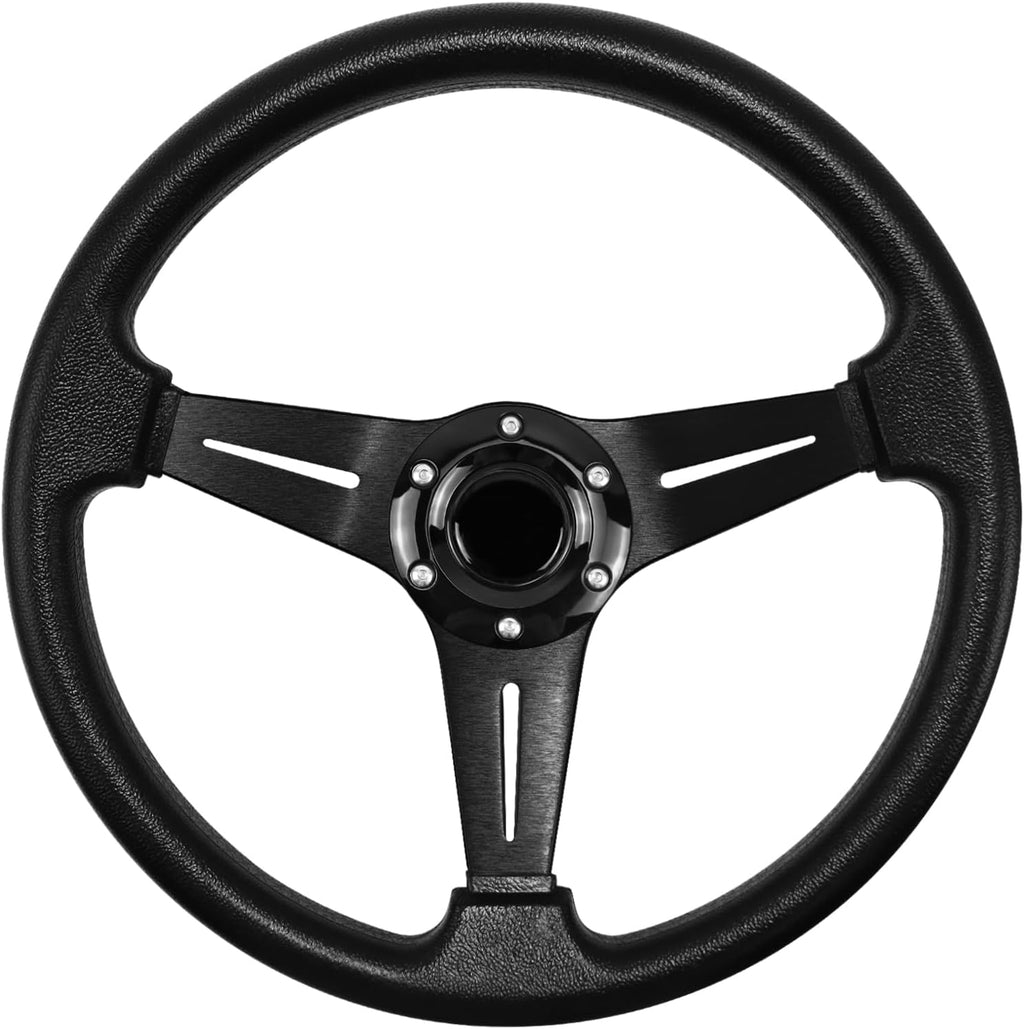Volante de Carreras Universal QYMOPAY 35 cm – 6 Pernos, Cuero Antideslizante, Botón Claxon, Negro