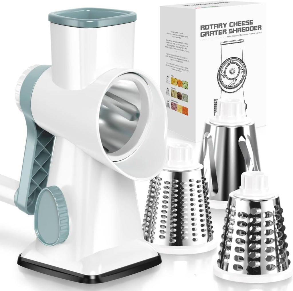 Rallador de queso giratorio manual KEOUKE blanco - Rallador, rebanador y molinillo con 3 cuchillas de acero inoxidable, succión estable, mango ergonómico, herramienta de cocina segura para queso, verduras, frutos secos y chocolate.