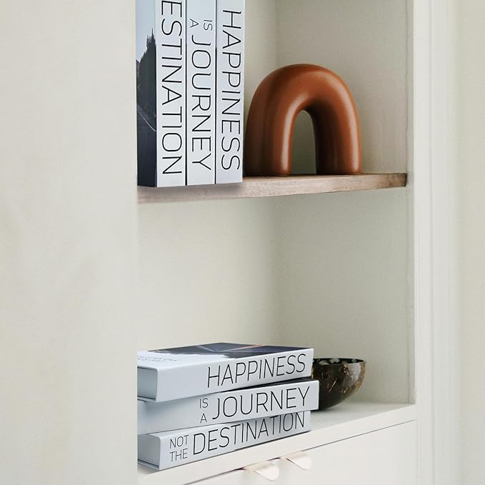 Juego de 3 libros decorativos de imitación para decoración del hogar, decoración de mesa auxiliar, libros de tapa dura para estantería, diseño de felicidad es un viaje