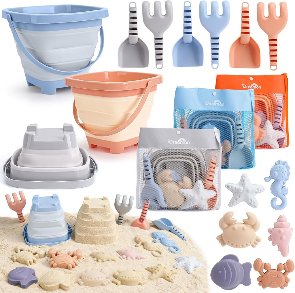 Set de 3 Cubetas Plegables de Playa con Palas y Moldes de Arena para Niños – Azul, Gris y Naranja