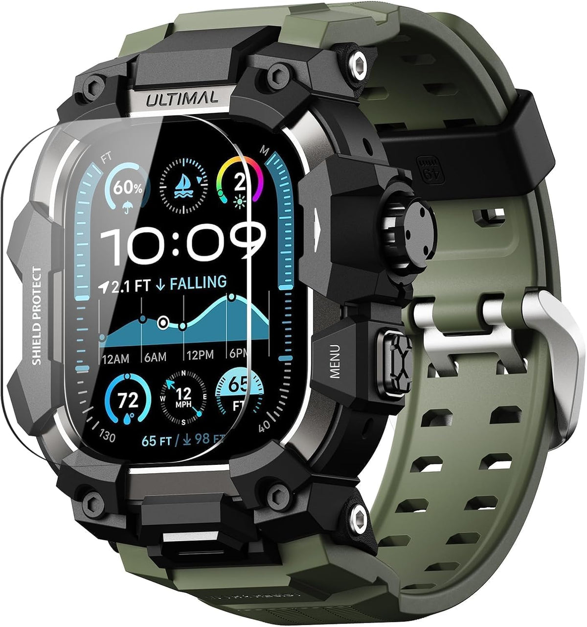 Funda resistente ULTIMAL con correa para Apple Watch de 49 mm, compatible con Apple Watch Ultra 3/2/1, cubierta protectora antigolpes de grado militar para iWatch Tactical Band para hombre (verde militar, 49 mm)