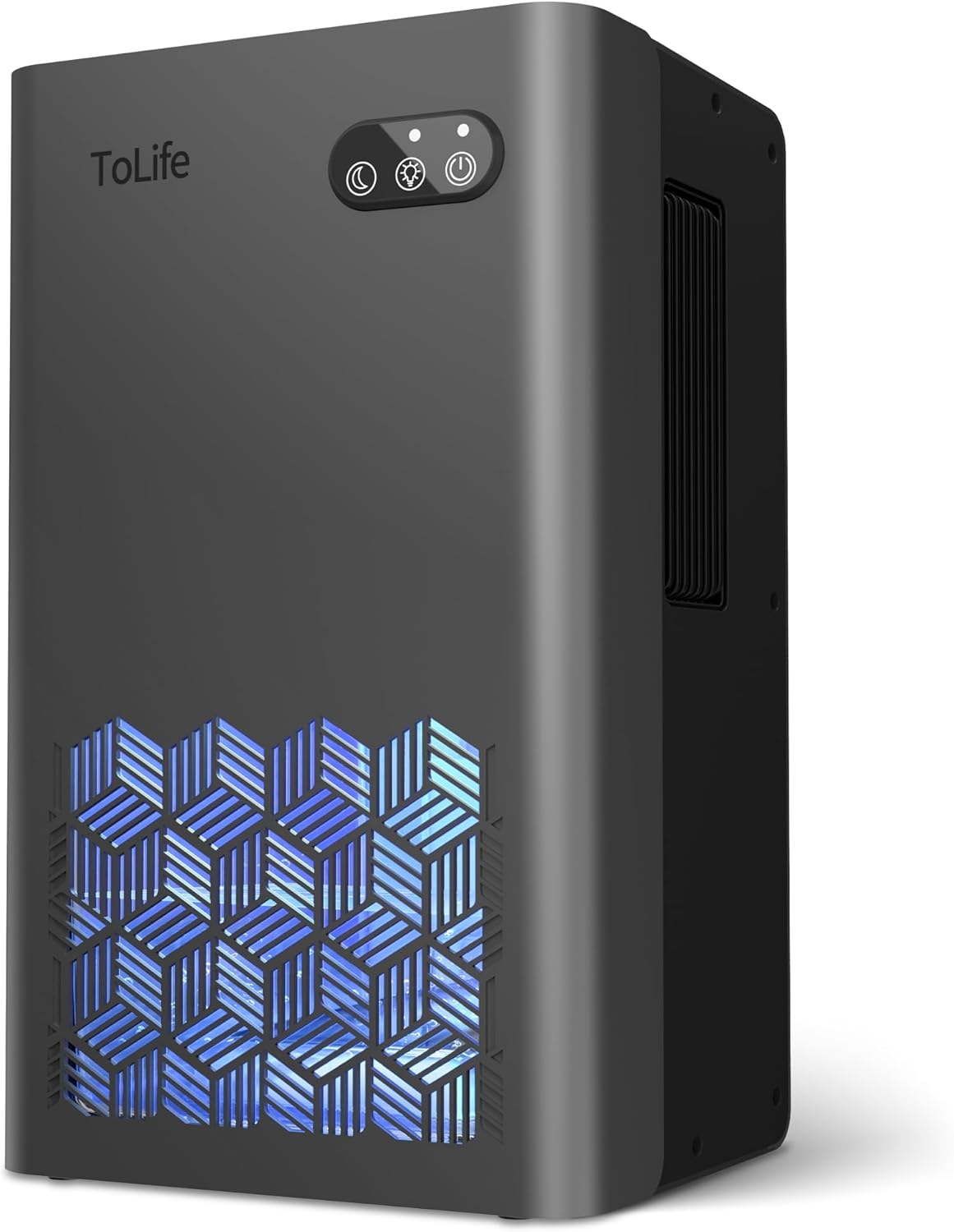 Deshumidificador ToLife para el hogar con tanque de agua de 2,7 litros (95 oz), cubre hasta 93 metros cuadrados (1000 pies cuadrados), ideal para sótanos, dormitorios y baños, con apagado automático y luz LED de 7 colores. Color gris.