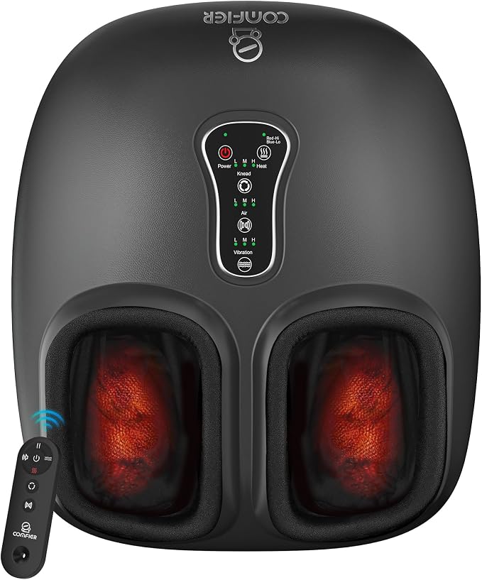Masajeador de pies Shiatsu COMFIER con calor para neuropatía, fascitis plantar | Shiatsu Deep Kneading Feet Massage Machine with Remote, 5 Compression Levels, 3 Kneading Speeds, 2 Heat Levels, Size 13