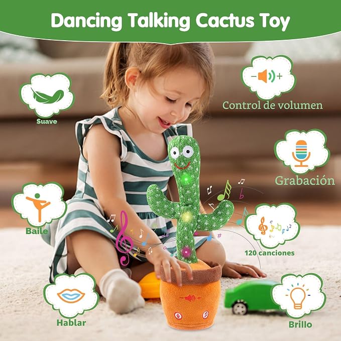 Cactus bailarín con volumen ajustable, juguete de cactus que habla, emite luces brillantes y coloridas, repite lo que dices, canta 120 canciones,juguetes electrónicos de felpa suave, divertidos y creativos juguete para bebés y niños