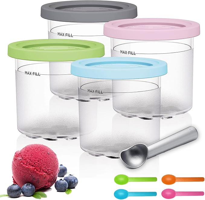 ⚠️ SIN CUCHARAS | Recipientes para Helado Ninja Creami – Juego de 4 Vasos 16oz con Tapa, Sin BPA (NC301/NC300/NC299AMZ)