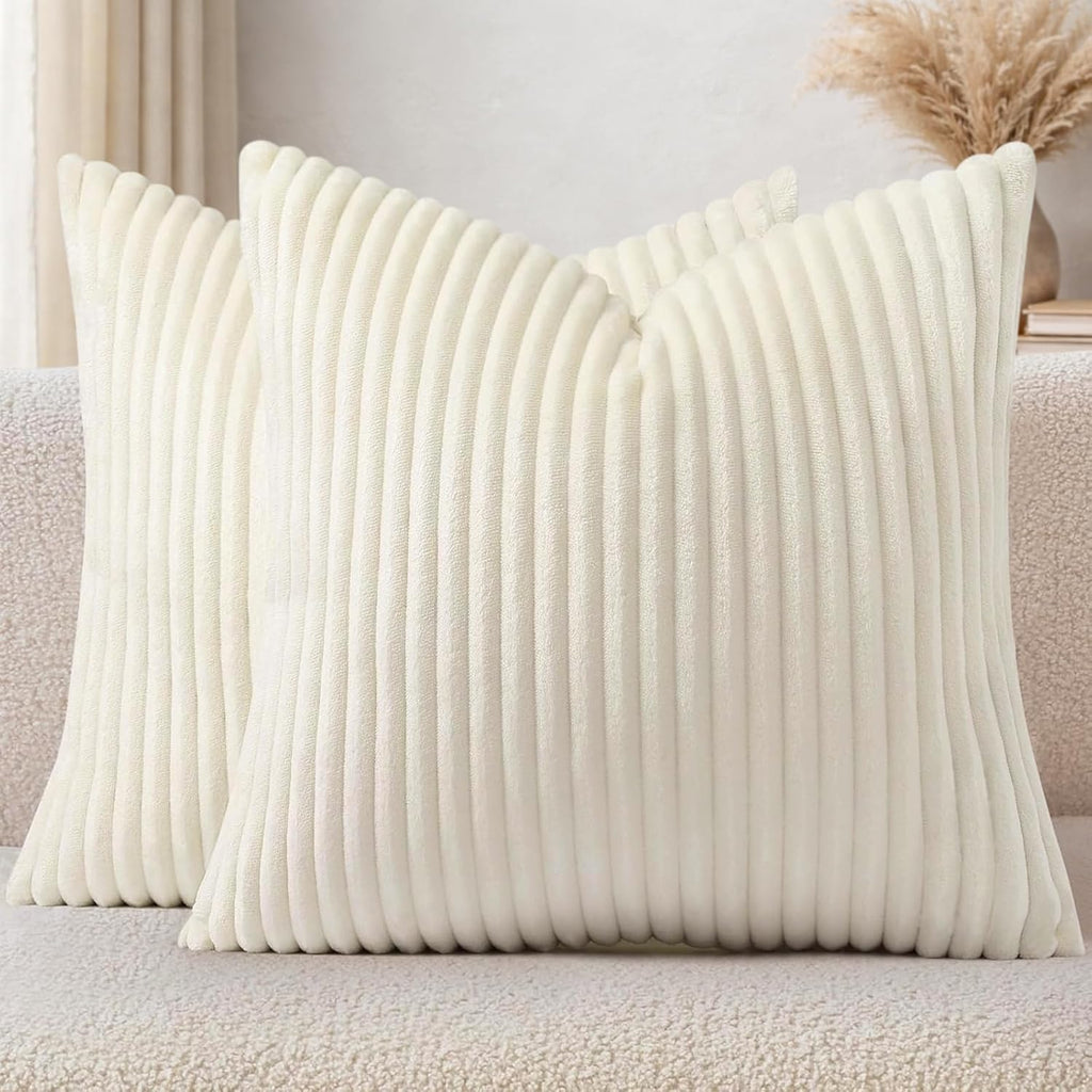 Simmore Decorative Spring Euro Sham Throw Pillow Covers 22x22 Set of 2, Soft Natural Plush Flannel Double-Sided Fluffy Couch Pillow Covers for Sofa Living Room, Cream White